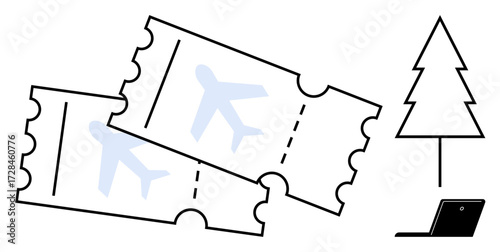 Two airplane tickets, a pine tree, and a laptop suggesting online holiday booking, travel planning, or eco-tourism. Ideal for travel, vacations, holiday planning, online booking eco-tourism