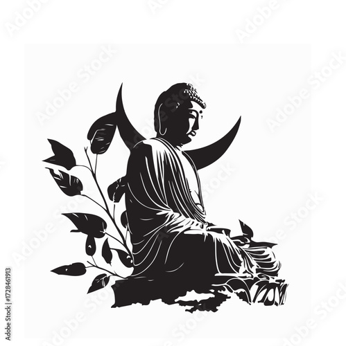 Silhouette Buddha meditating outdoors nature calm peaceful spiritual vector design