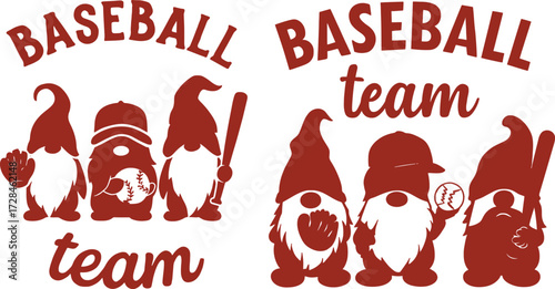 Cute baseball gnomes team players with hats and mitts graphic for apparel and decorations 