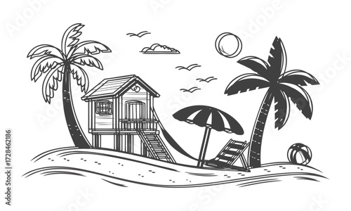Tropical Beach House with Palms Minimal Flat Vector illustration Summer Scene, Summer themes, Sea beach , easily editable.