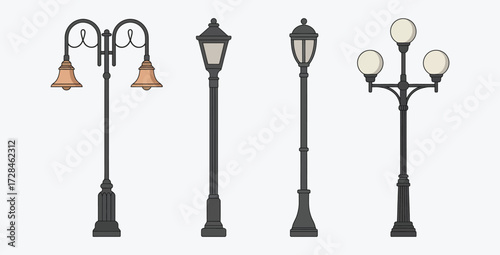 Set of various antique style street lights vector illustration design
