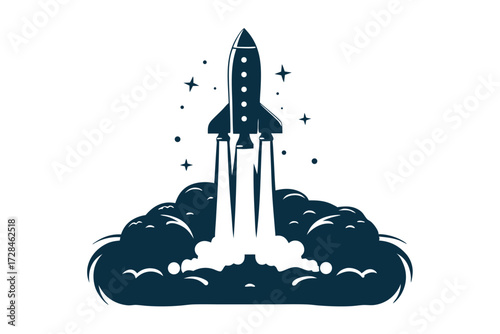 A black rocket ascends amidst fluffy clouds and twinkling stars in a night sky
