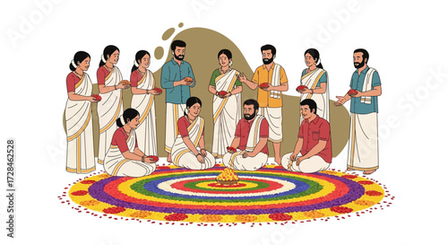 Kerala Wedding Ceremony Illustration with Pookalam Rangoli A Celebration of Unity, Love, and Cultural Harmony in South India