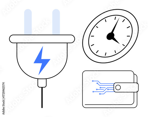 Electric plug with lightning bolt, clock representing time efficiency, and wallet with circuit design for financial technology. Ideal for energy management, cost savings, digital finance, smart