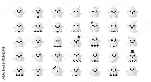 Collection of cute cartoon ghosts with various expressions and accessories, perfect for Halloween.