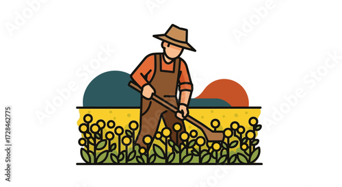 Illustration of a Farmer Tending to a Field of Sunflowers, Person Working in Agriculture, Harvest, and Cultivation, Gardening Activity, Outdoor Field Work, Agriculture