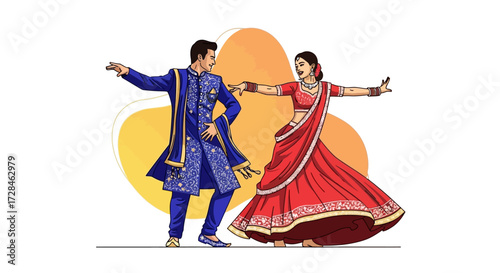 An isolated vector illustration of a happy Indian couple performing a traditional folk dance for a celebration, wearing vibrant blue and red ethnic attire