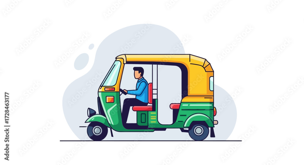 Fototapeta premium Colorful Illustration of an Auto Rickshaw with Driver A Vibrant Depiction of Urban Transport and Indian Culture in Minimalistic Vector Style