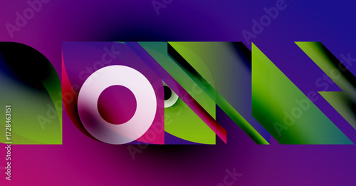 Abstract design features vibrant colors, geometric shapes, overlapping forms. Lettering suggests dynamic visual composition. Modern aesthetic.