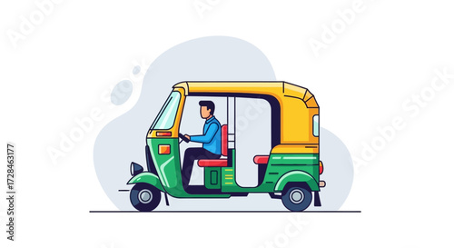 Colorful Illustration of an Auto Rickshaw with Driver A Vibrant Depiction of Urban Transport and Indian Culture in Minimalistic Vector Style