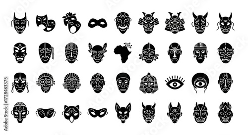 Captivating collection of diverse cultural and theatrical masks, celebrating identity and mystery for creative projects.