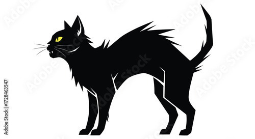 Illustration of a scared black cat with an arched back, hissing with its fur standing on end against a white background.