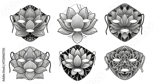Six intricate lotus flower masks in grayscale offer a touch of mystique and cultural elegance for creative projects