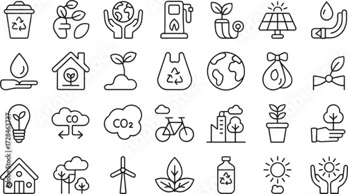 Eco-friendly line icons set in black and white featuring sustainability, recycling, energy, and environmental conservation.