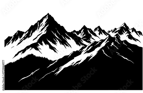 High snow-capped peaks of mountains, black silhouette sketch. Vector illustration. mountain range and pine trees, isolated on a white background.