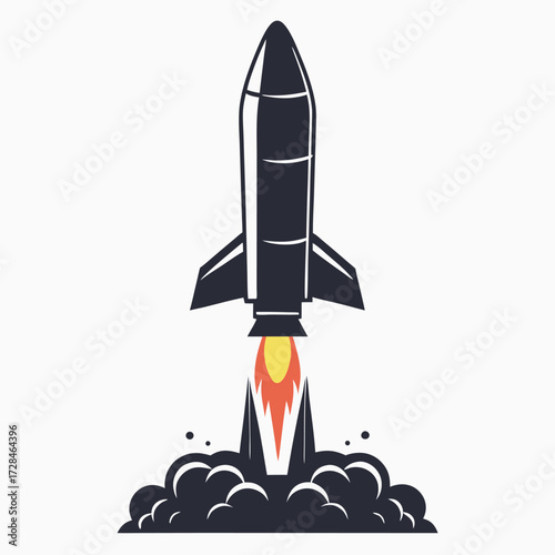 Black and white rocket blasting off with flames and stars in format