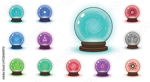 A collection of glowing magical orbs, each containing a unique mystical symbol, set against a white background.