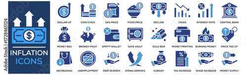 Inflation icon collection set. Containing design Rising Prices, Dollar Up, Coin Stack Growth, Gas Price, Food Price