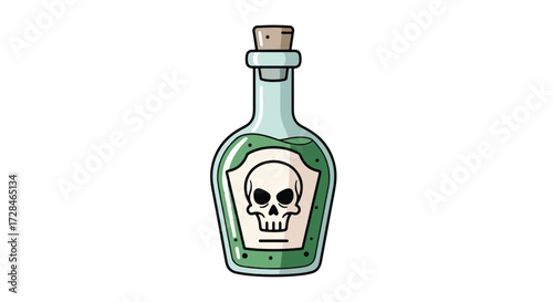 Cartoon illustration of a vintage green poison bottle with a skull and crossbones label and cork stopper, isolated on a white background.