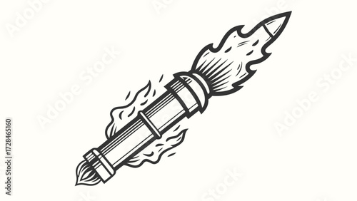 Black and white space rocket launching with large flame and clear background