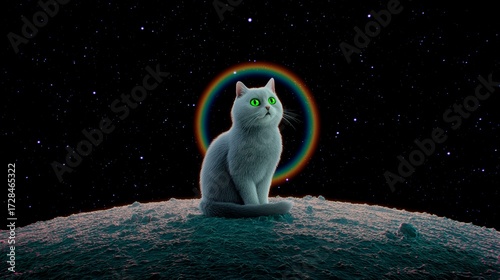 A surreal 3D render of a majestic white cat with green eyes sitting on a dark moon surface. A circular rainbow creates a halo effect against the vast, starry night sky