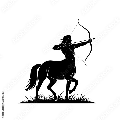A black silhouette of a mythological centaur archer aiming a bow and arrow, isolated on a white background.