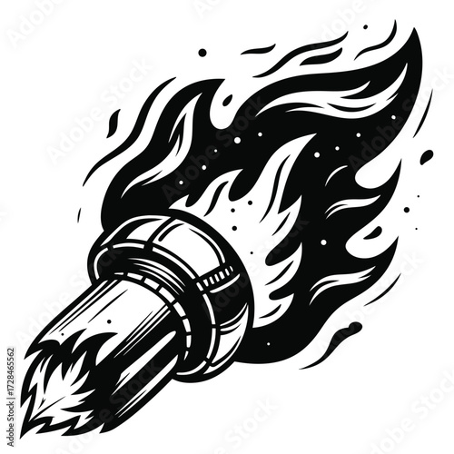 Black bullet shell soaring through the air with fiery flames emanating from behind its form