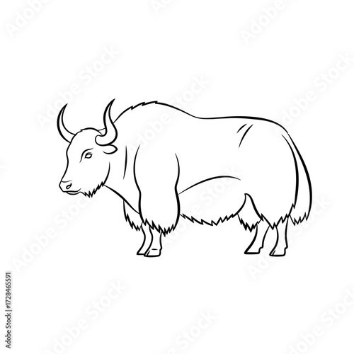 A simple black and white line drawing of a yak, a long-haired bovine native to the Himalayas.