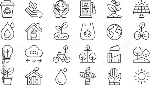Eco-friendly line icons set in black and white featuring sustainability, recycling, energy, and environmental conservation.