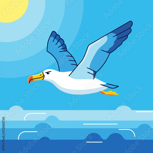 A white and blue seagull soaring gracefully through a clear blue sky with stylized clouds below.