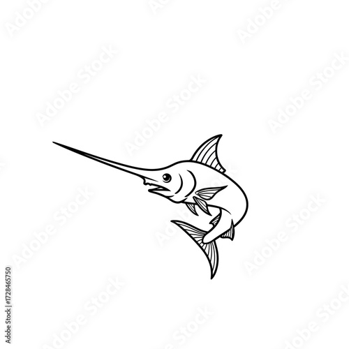 Black and white illustration of a swordfish leaping out of the water.