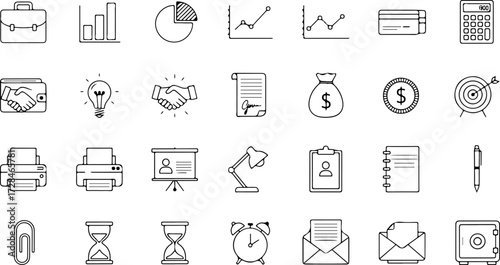 Modern business icons set for finance, strategy, and office success dynamic professional tools for growth and planning