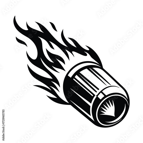 Black bullet with fiery flames emitting portrays power and velocity against a white backdrop