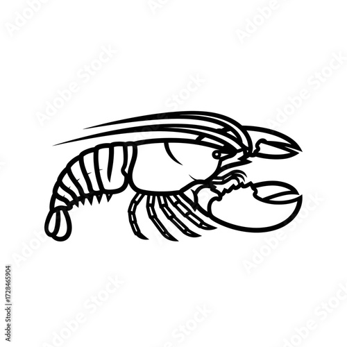 Black and white line art illustration of a lobster.