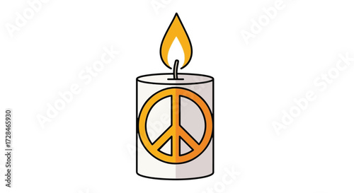A lit candle with a peace symbol on its side, representing hope and remembrance.