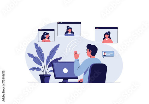 A man participating in a virtual meeting with multiple colleagues on his computer screen.