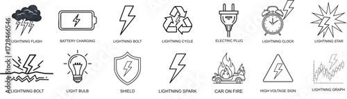 Lightning Bolt Icon Set Vector Illustration for Apps and Websites Design Projects Lightning Flash Battery Charging Clock Bulb Shield Spark Car on Fire High Voltage Sign