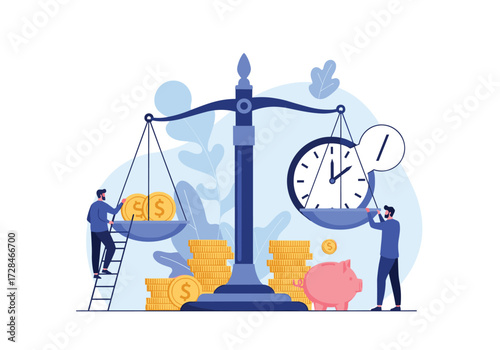 Balancing time and money with people on scales and clocks.