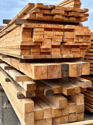 wooden boards and beams stacked in a stack

