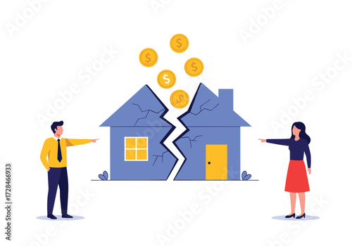 Couples splitting assets after divorce with coins falling from broken house.