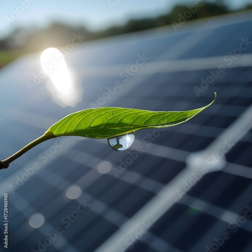 A serene image of a single, vibrant green leaf cradling a tiny drop of pure water, with a blurred background of solar panels reflecting the sun. Symbolizing renewable energy and natural purity. 