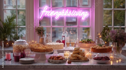Friendsgiving Feast Table with Festive Neon Sign and Food Assortment in Warm Light and Window Backdrop