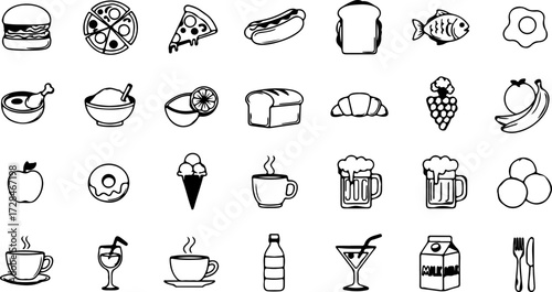 Whimsical hand drawn food and drink icons perfect for menus, recipes, and culinary designs, adding charm to any project.
