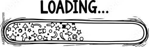 Engaging loading bar with playful icons and text conveys progress and anticipation for content delivery