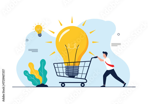 Man pushing a shopping cart with a bright idea light bulb inside.