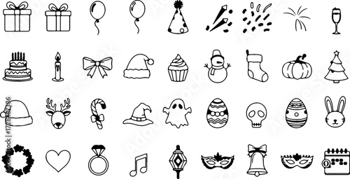 Whimsical collection of holiday and celebration icons perfect for festive designs and joyful projects.