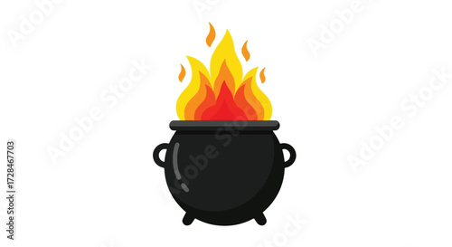 Cartoon illustration of a black cauldron with a fire burning inside.