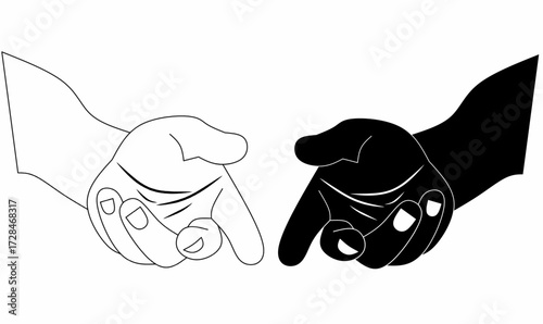 Vector illustration of human hand in outline and silhouette style showing pointing, hand drawing and beckoning gesture. Symbol of direction, call, invite, attention, and communication.