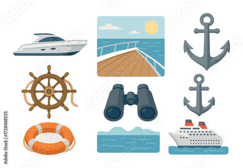 Nautical icons featuring yacht, cruise ship, anchor, binoculars, life ring, ship wheel