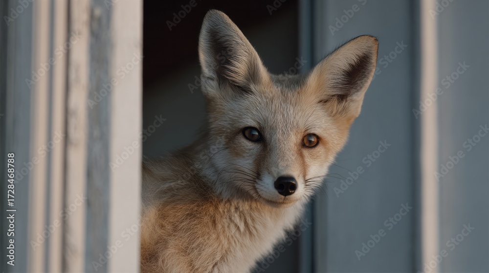 Fototapeta premium A curious fox peeks through the door frame, embodying sly nostalgia